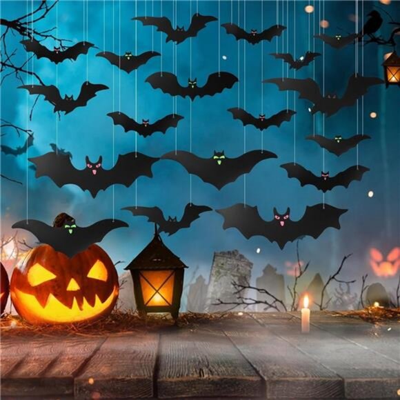 25Pcs Halloween Hanging Bats Decor, Large Plastic Flying Bats with Glowing Eyes - Picture 1 of 8